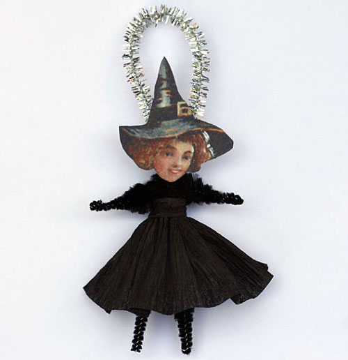 vintage style chenille witch ornaments for Halloween
