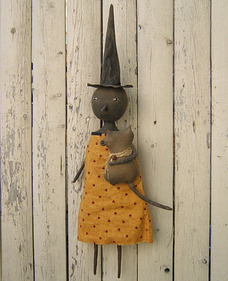 primitive folk art Halloween witch doll with cat