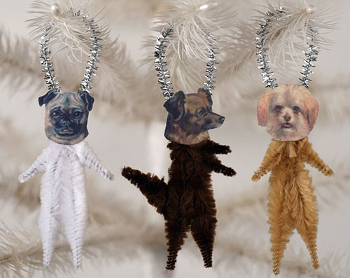 vintage style chenille dog ornaments - the set includes a pug dog and a terrier