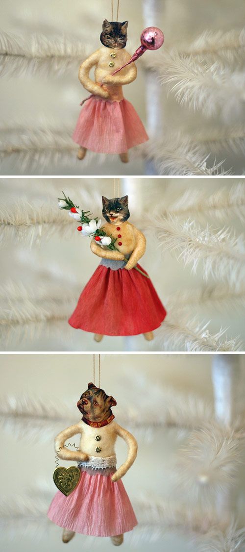 spun cotton cat and dog ornaments