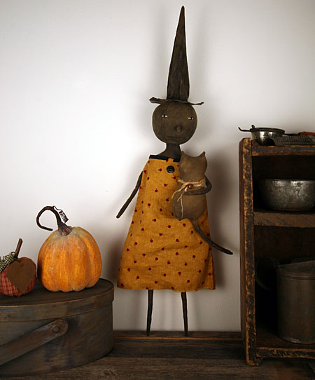 primitive folk art Halloween witch doll with cat